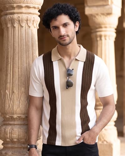 Image of AUSK Men's Zip Collar Polo Tshirt | Cotton Rich Material | Half Sleeves | Modern Knit Panel Work | Regular Fit