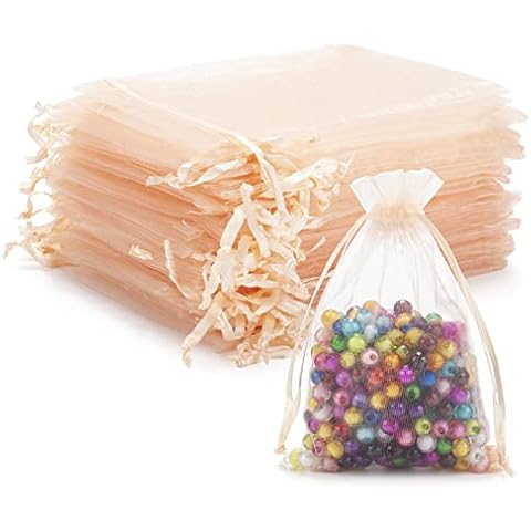 RSXING 100PCS Peach Organza Gift Bag, 10X15cm Mesh Wedding Favour Gift Bags with Drawstring for Jewelry Makeup Candy Baby Shower Party Christmas Festival Packing Cover