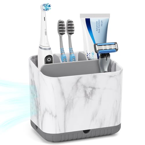 toprance Toothbrush Holder Caddy Marble-Look Electric Toothbrush Holder with Drip Tray Non-Slip 4 Slots Toothbrush Storage for Bathroom Toothpaste and Tooth Brush Tidy