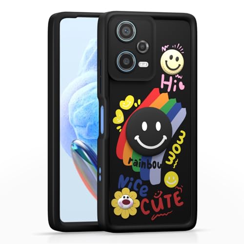 Image of Pikkme Back Cover for Redmi Note 12 | Soft Silicone| Cute Rainbow Smile & 3D Cartoon Flower Design | Shockproof Raised Camera Protection Bumper Case (Black)