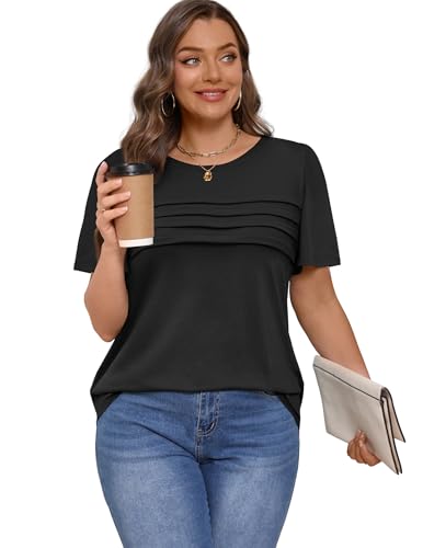 XIEERDUO Women's Pleated Tops Dressy Casual Short Sleeve Shirts Fashion Blouses Loose Curved Hem Long Tunic S-3XL4