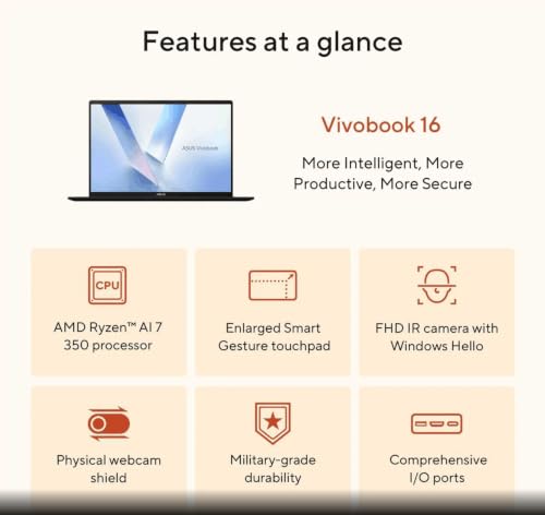 Image of ASUS Vivobook 16'' Business Laptop, AMD Ryzen AI 7 350, WUXGA, 16GB DDR5, FHD Webcam, Wi-Fi 6, Windows11 Home (16GB RAM | 1TB SSD)