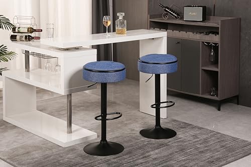 NewCosmos Round Storage Bar Stool Set of 2, Blue Linen Height Adjustable Barstool, 360°Counter Height Swivel Stool, Armless Bar Chair with Metal Frame for Kitchen Counter Dining Living Room
