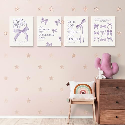 Image of LARTSFRO Coquette Purple Bow Canvas Wall Art Decor Prints Posters, Purple Bow Room Bedroom Bathroom Dorm Wall Art Decor Aesthetic for College Teen Girls Gifts, Inspirational Bible Verses Bow Wall Decor, 11x14 Inch Set of 4 Pcs Bow Pictures (Canvas Framed 11X14)