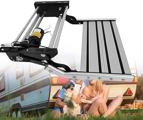 Motorized RV Entry Steps - 12V Foldable Steps with 80W Motor, 200KG Capacity, LED Light for Easy Access to Campers, Trailers, and RVs - Enhanced Wide Deck Design