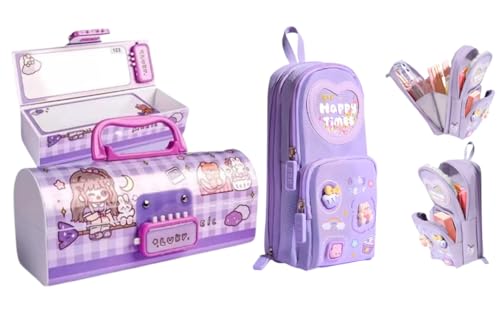 Image of Zqiue Luky Purple Password Lock Pencil Box & Happy Time Pencil Pouch Combo Set (Pack of 2) | Double Combination Lock Pencil Case | Cute Kawaii Large Capacity Stationery Organizer for Kids & Girls