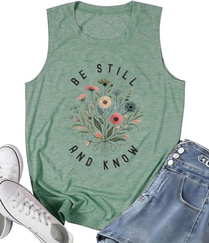 Floral Tank Tops for Women Christian Graphic Print Boho T Shirts Summer Breathable Sleeveless Loose Fit Hiking Camping Adventure Tank Tees(Pale Green L)