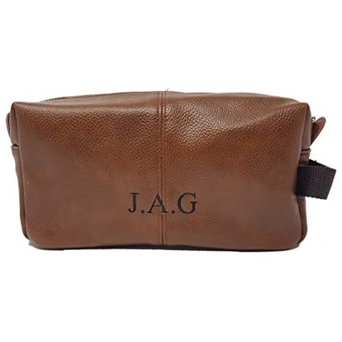 Personalised Men's Leather Look Wash Bag Travel Toiletry Case (Tan) Cover