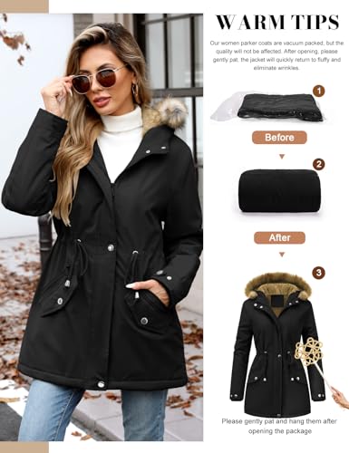 Vijamiy Winterparka Damen Warm Gefüttert Fleece Winterjacke Wasserdicht Wintermantel Winddicht Kapuzenmantel Mit Fell Lange parka(Schwarz,S)