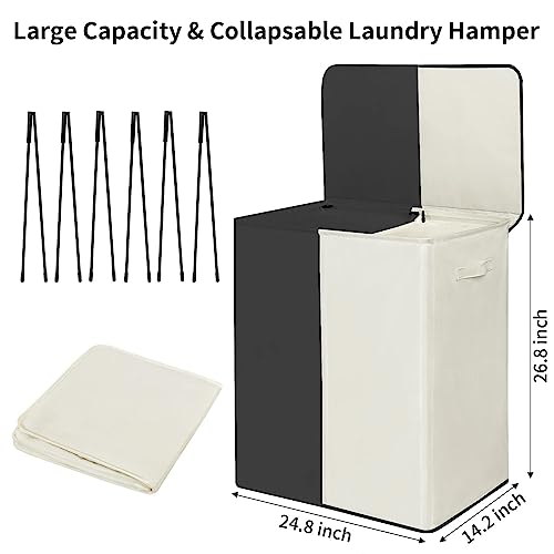 WOWLIVE 154L Double Laundry Basket with lid large washing basket and Removable Laundry Bags Large Collapsible 2 Dividers washing basket with Handles for Bedroom Laundry Room Closet (Black+Beige) - Image 3