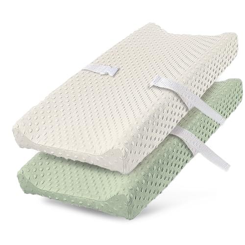 Image of MINIKUKU 2 Pack Changing Pad Cover for Baby Boys Girls, Ultra Soft Breathable Plush Dot Diaper Changing Table Pad Cover, Neutral Fitted Changing Pad Sheets (Pristine and Green)