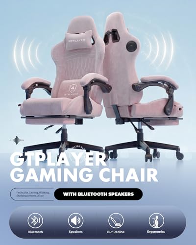 Image of GTPLAYER Ace Pro Gaming Chair, Built-in Speakers & Reclining Footrest | Ergonomic High-Back Chair with Lumbar Support, Linkage Armrest & Padded Seat for Home Office Gaming, Pink (Velvet)