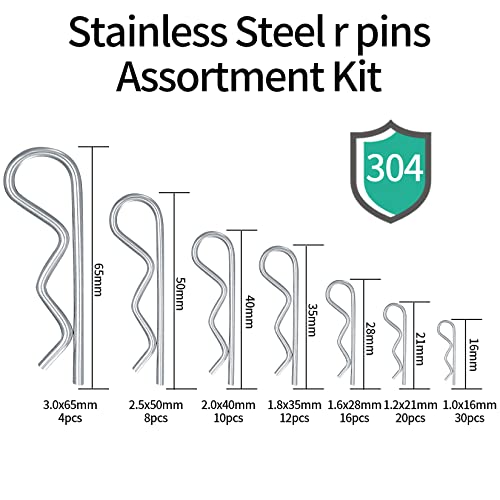 Cotter Pins Assortment Kit, 100 Pcs 304 Stainless Steel R Clips, Split Pins, Retaining Spring Hitch Cotter Fastening Pins Set for Farm Trucks, Cars, Campers, Lawn and Garden Equipment