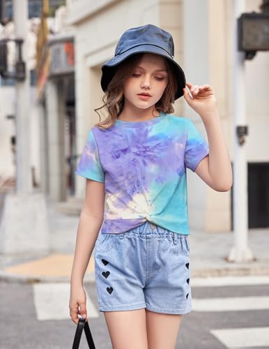 Image of Arshiner Girls Casual Tie Dye Short-Sleeve T-Shirt Cute Print Summer Blouse for Girls Twist Front Tunic Tee Tops