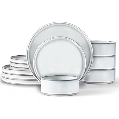 LIANYU Stoneware Dinnerware Dish Set for 4, 12 Piece Ceramic Dinner Plates and Bowls Sets for Pasta Dessert Cereal, Rustic Terracotta Bottom, Microwave & Dishwasher Safe, Lucent White