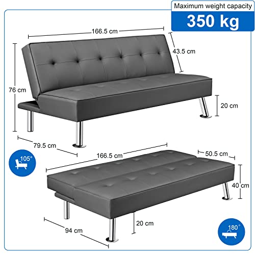 Yaheetech 3er-Sofa Couch Schlafsofa Bettsofa Klappsofa mit Schlaffunktion, Kunstleder, grau