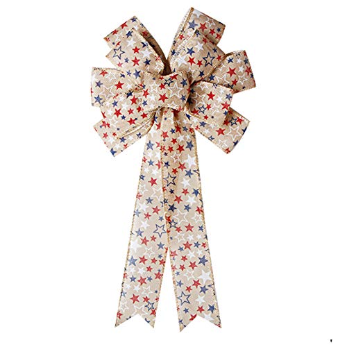 Patriotic Bow, Red White Blue Stars Burlap Bow Wreath Decor for 4th of July, Memorial Day, Veteran's Day, Thanksgiving, Christmas, New Year Indoor Outdoor Decorations