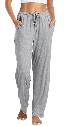 Vlazom Pantalon de Pyjama Femme Modal Bas de Pyjama avec Poches Pantalon de Nuit Vêtements de Nuit Couleur Unie，Gris Clair，XXL