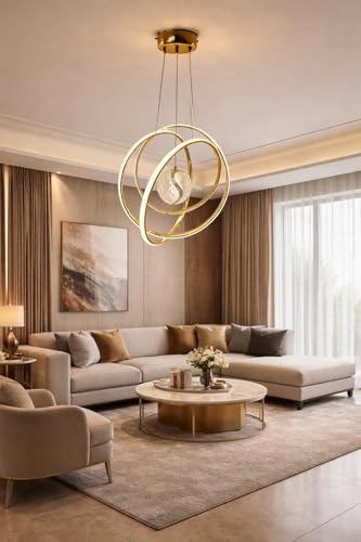 Image of Modern Premium Loop Curved LED Stylish Gold Finish with 3 Different Color Mode (Warm White, Cool White, Neutral White) Chandelier with Height Adjustable Hanging for Bedroom, Living, Dining,