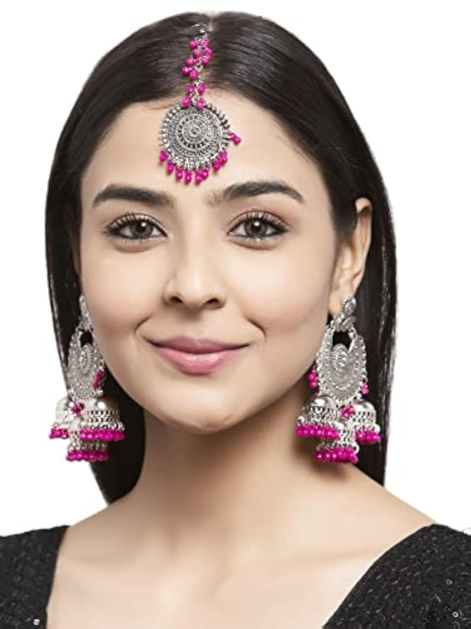Oxidised Silver-Toned & Pink Beaded Jewelry Set