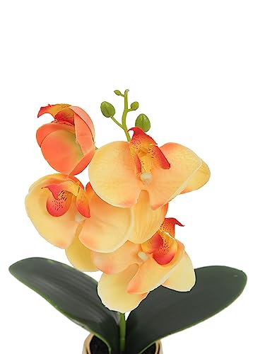 Image of Fourwalls Artificial Orchid Flower Plant with Ceramic Pot (Orange, 24.5 cm) Decorative Items for Home Decor Living Room Balcony Kitchen Bedroom Office Table Top