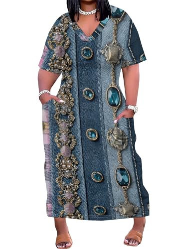 Image of SUZONANA Plus Size Denim Print Maxi Dresses for Women Casual V Neck Short Sleeve with Pockets Soft Jean Look Dress XL-6XL