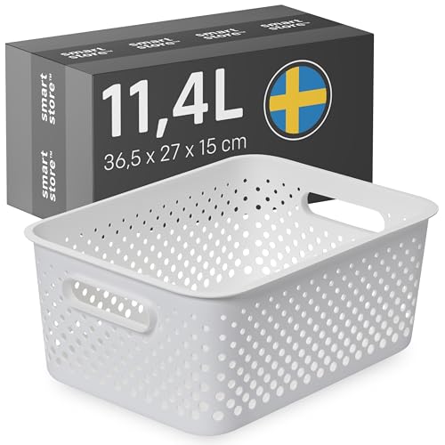 SmartStore Panier de Rangement avec Poignées en blanc 11,4L (36,5x27x15cm) I Panier de Rangement en Plastique Recyclé I Essence L Boîte de Rangement I...