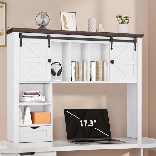 Image of Large Desktop Bookshelf with Sliding Barn Door, 47.2''W Desk Shelf Display Rack, Desktop Organizer Storage Rack with 7 Cubbies and Drawer, Home, Desk Shelf for Office, Dorm, Vanity, White