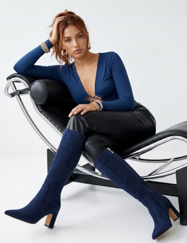 Image of VIUGJNEX Knee High Boots Pointed Toe Chunky Heel Tall Boots for Women