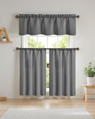 Easy Home 3 Piece Solid Color Blackout Window Curtain Set with Tiers and Valance Rod Pocket Thermal Privacy Curtain Tiers for Kitchen, Living Room, Bathroom Shades, W27 x L36 Inch,(Dark Gray)