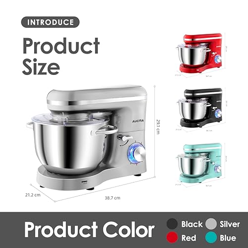 Aucma Stand Mixer, 6.2L Food Mixer 1400W Tilt-Head Electric Kitchen Mixer with Dough Hook, Wire Whip & Beater (6.2L, Shinny Silver) - Image 4