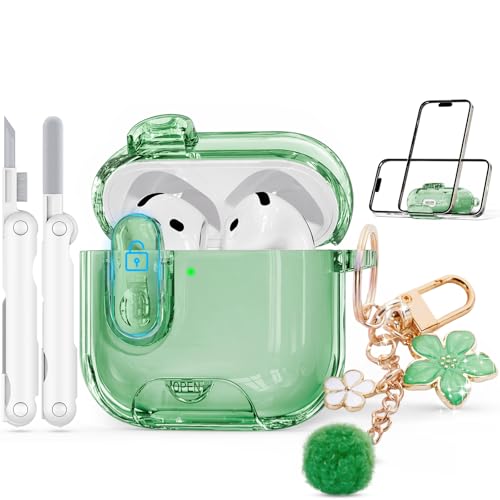 Image of for AirPods 4 Case 2024 with Safety Lock,Pine Green | Clear Case with Phone Stand & Cleaner Kit,Cute Floral Chain for Women Girls,Soft TPU Protective Cover,Shockproof