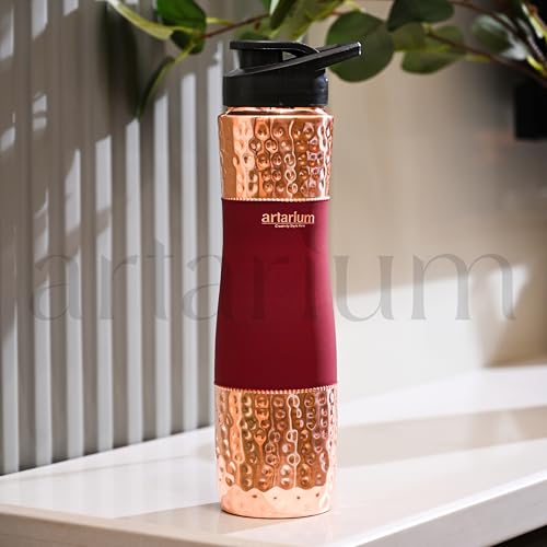 Image of Artarium Red Sipper Pure Copper Bottle 1 Litre Advanced Leak Proof Protection Durable & Rust Proof Copper Bottle With Added Health Benefits Anti Oxidant Properties (Sipper Water Bottle Red 29Cm)