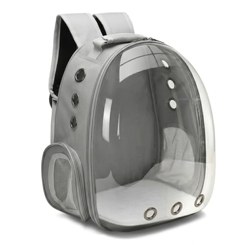 Mochila Transportadora para Pet com Cápsula Transparente Cinza, Bolsa Mochila para Gatos e Cães de Pequeno Porte, Respirável, Confortável e Segura para Passeios e Viagens
