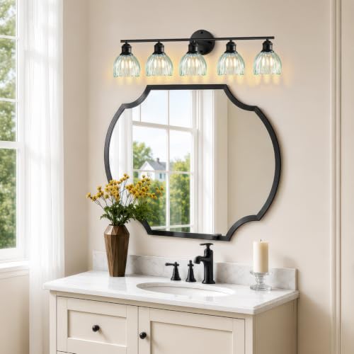 Image of Bathroom Light Fixtures, 5-Light Brushed Black Vanity Lights for Bathroom with Blue Tulip Glass Shade, 30 inch Vintage Bathroom Vanity Lighting Fixtures Over Mirror for Bedroom Living Room Hallway