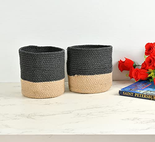 LaVichitra Braided Cotton Baskets | Planter Basket- Set of 2 (6 Inch), Dark Grey