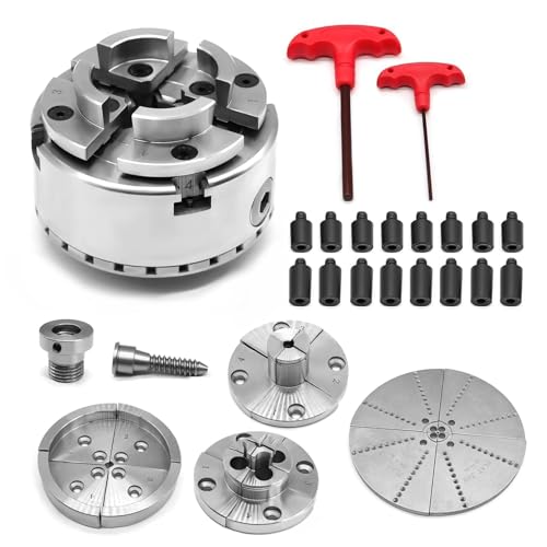 Aspaton 3.75-Inch 4 Jaw Wood Turning Lathe Nickel Plated Chuck and Cutting Jaws Kit with T-Wrench and 6 Corner Star Fasteners 1 Inch x 8TPI