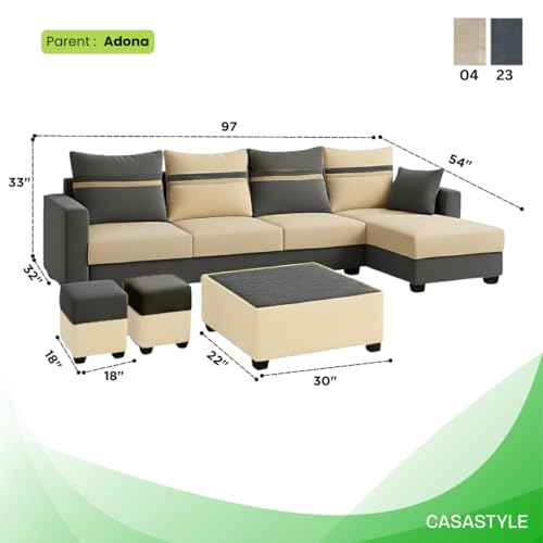 Image of CASASTYLE Wallis 8 Seater Fabric RHS L Shape Sofa Set with 1 Centre Table & 2 Puffy (Cream- Dark Grey) Velvet Finish | Comfortable Sectional Sofa for Living Room