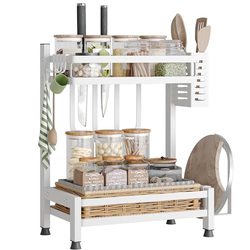 NETEL Especiero para Cocina Encimera, Organizador Especias, Estante de Almacenamiento para Condimentos de 2 Niveles Resistente al óxido con Soporte para Utensilios, Tablas de Cortar y Cuchillos,Blanco