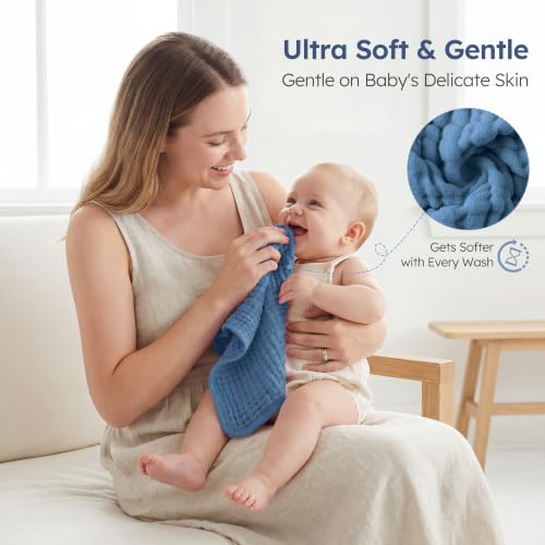 Image of Yoofoss Muslin Burp Cloths for Baby 10 Pack 100% Organic Cotton Baby Washcloths for Boys Girls Large 20''X10'' Super Soft and Absorbent Apricot,Denim Blue