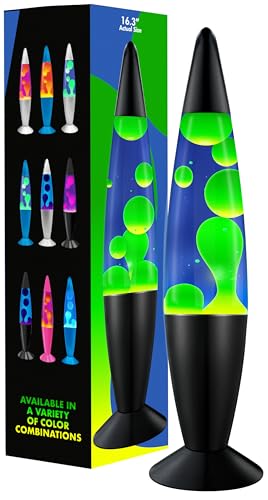 Jambo Lampe à mouvement liquide 16" – Bleue avec cire jaune/verte – Lumière relaxante, lampe décorative pour salon, bureau ou chambre, veilleuse pour adultes, ados et enfants