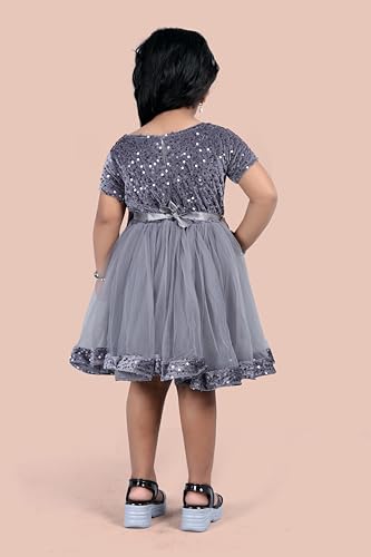 Image of Charming Girls' Kids Velvet & Net Frock with Knee-Length Short Sleeve A-line Round Neck Fit and Flare and Back Zipper Closure|Kids Dress for Baby Girls Birthday Outfit