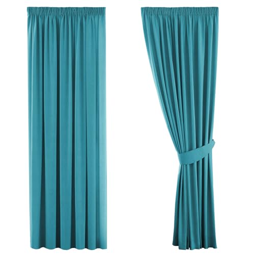 H.Versailtex Blackout Curtains 2 Panels - Light Blocking Privacy Soundproof Window Covering Pleat Drapes Curtains for Living Room, 66 Width x 54 Drop, Teal (with Two Matching Tiebacks)