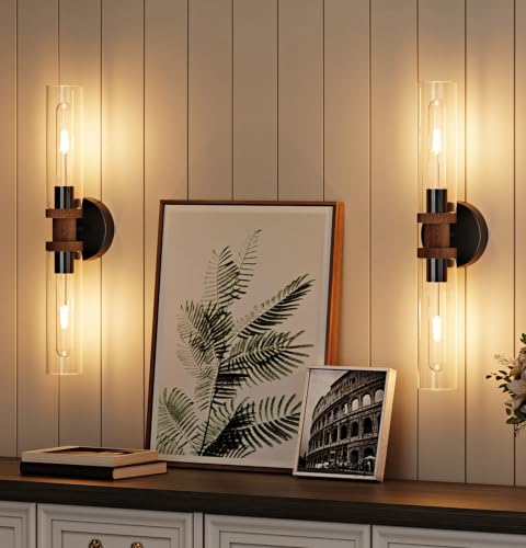 Image of Rayogale Black & Walnut Wireless Battery Operated Wall Sconce with Remote | Dimmable Rechargeable Wall Lights Set of 2, Timer, No Hardwire, Touch Control, 8000mAh, 3000K, Glass, Emergency, 16.5 Inch