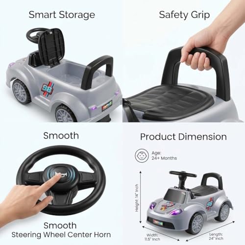 Image of Kids Ride On Car Grey for Toddlers with Steering Wheel & Backrest | Foot to Floor Baby Push Car | Indoor Outdoor | Strong Wheels & Comfortable Seat | Racing Design for Boys & Girls (1-3 Years)
