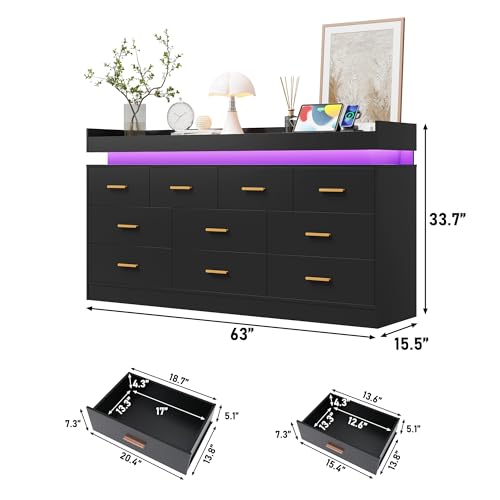 Image of Hlivelood 10 Drawer Dresser with LED Lights & Charging Station, Wide Wooden Chest of Drawers for Bedroom, Storage Organizer Cabinet, Modern TV Stand Dresser for Closet, Living Room, Hallway, Black