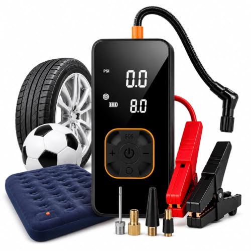 Auxiliar de Partida Veicular Portátil Multifuncional 4 em 1, Carregador de bateria, Compressor de Ar 150PSI, Power Bank, Lanterna LED Multimodos, Para uso em Carros Motos Bicicletas e infláveis