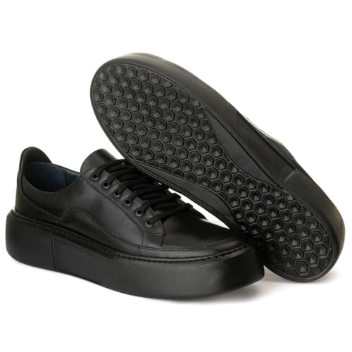 Sapatênis Masculino Confort Sola Alta em Couro de Luxo Cor:Preto;Tamanho:40