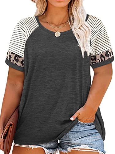 Womens Plus Size Short Sleeve Striped Leopard Print Tshirts Crewneck Tee Tops Dark Grey 14W