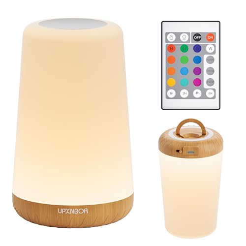 UPXNBOR LED Nachttischlampe mit Fernbedienung, Dimmbar mit 13 RGB Farben & 4 Modi, Tischlampe Kabellos mit Timer & Haken, USB Aufladbar, Tragbares Nachtlicht für Schlafzimmer, Kinderzimmer, Wohnzimmer